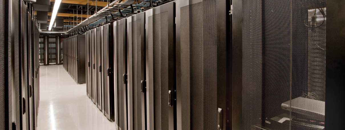 Long aisle of servers in a data center