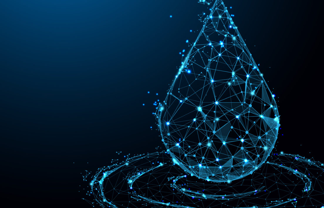 Glowing water droplet made of dots and lines on dark background